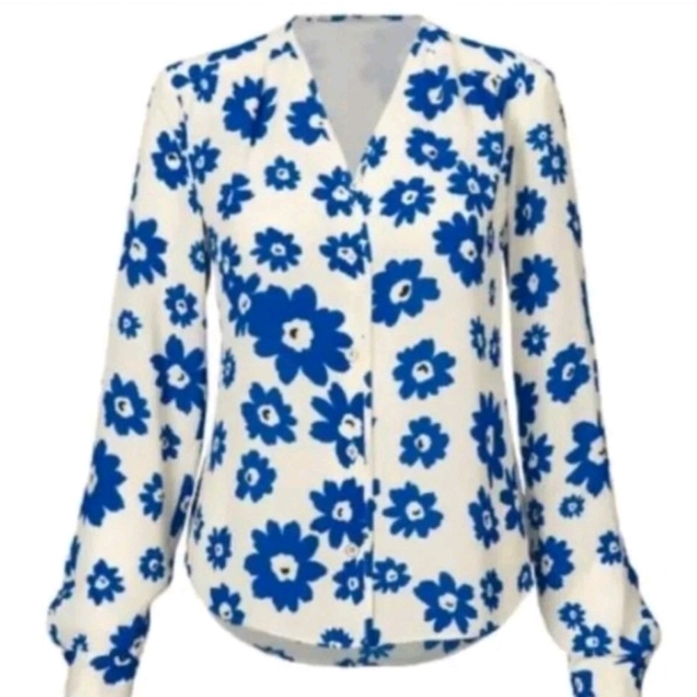 CAbi Blue and White Floral Blouse